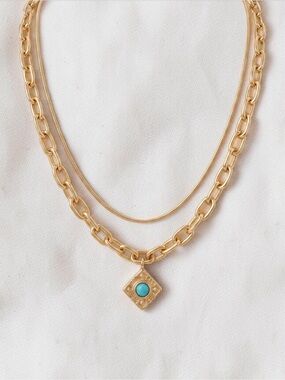 Gold Layered Pendant Necklace with Turquoise Stone